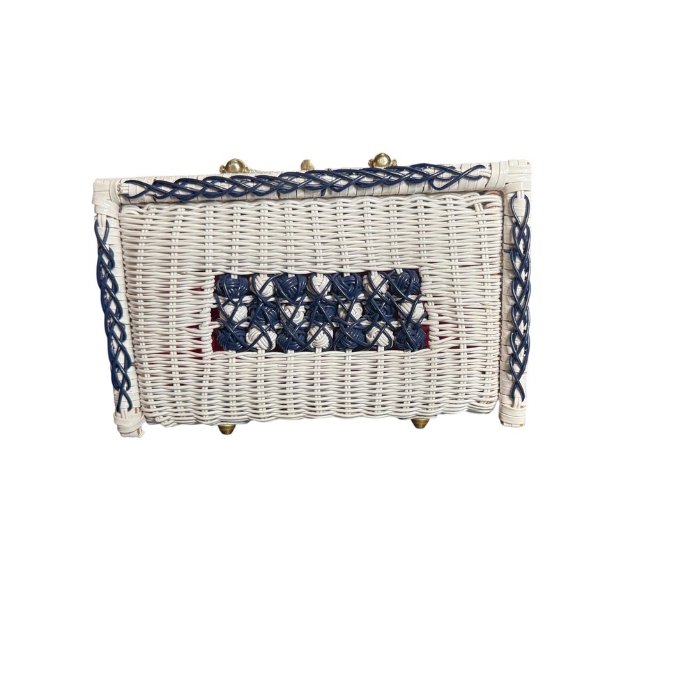 Vintage Simon Mister Ernest Wicker Handbag White Navy Blue Box Purse Mid Century